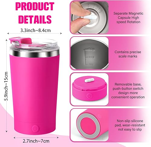 Miniatura 6 de Taza de café eléctrica, taza mezcladora automática de acero inoxidable de 13.5 fl oz, adecuada para café, leche, cacao y otras bebidas (rosa)