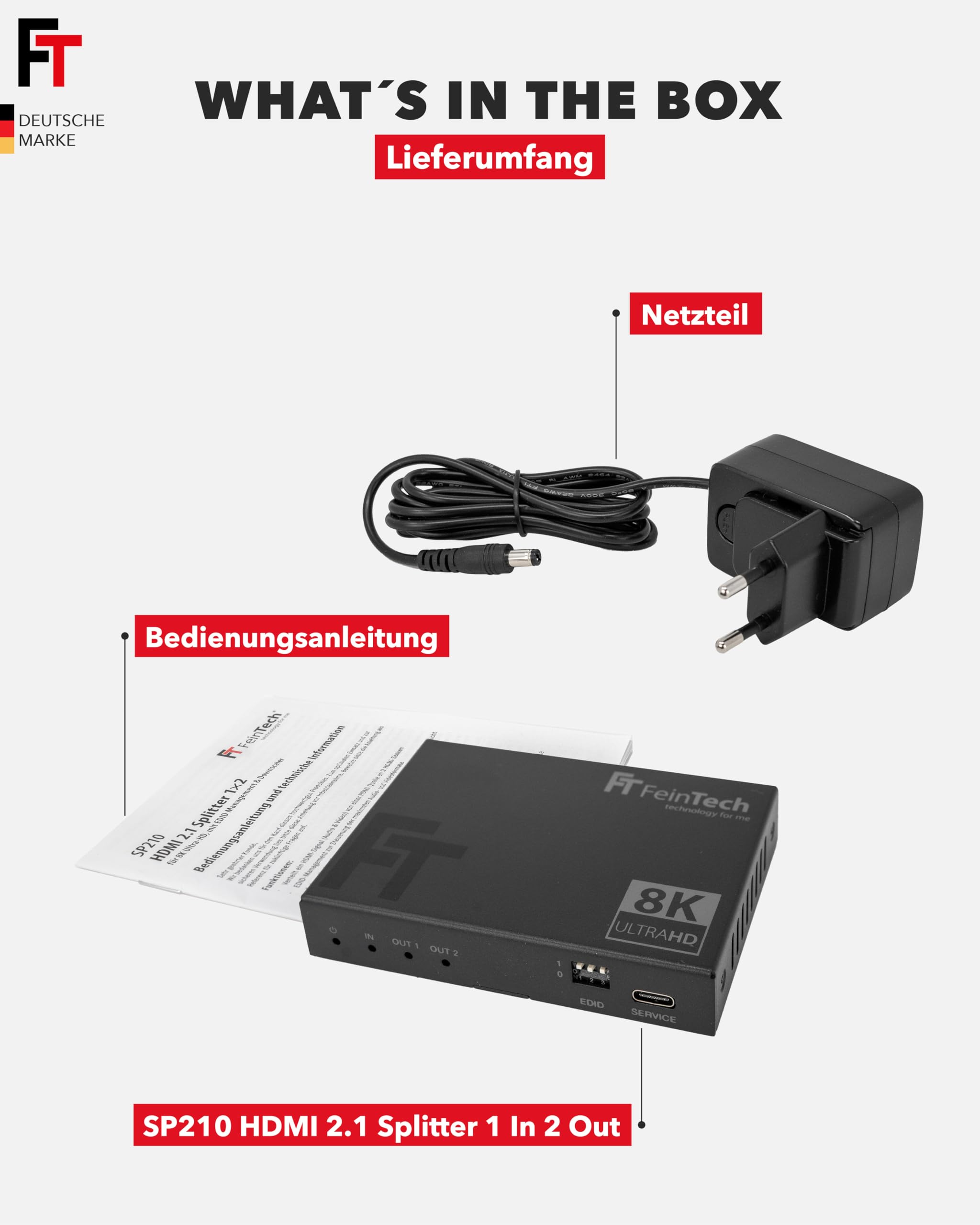 FeinTech SP210 HDMI 2.1 Splitter 4K 120Hz 8K VRR ALLM, Verteiler mit Downscaler für 2 Monitore gleichzeitig, CEC-Pass, kompatibel zu HDCP 2.3, HDR, Dolby Vision