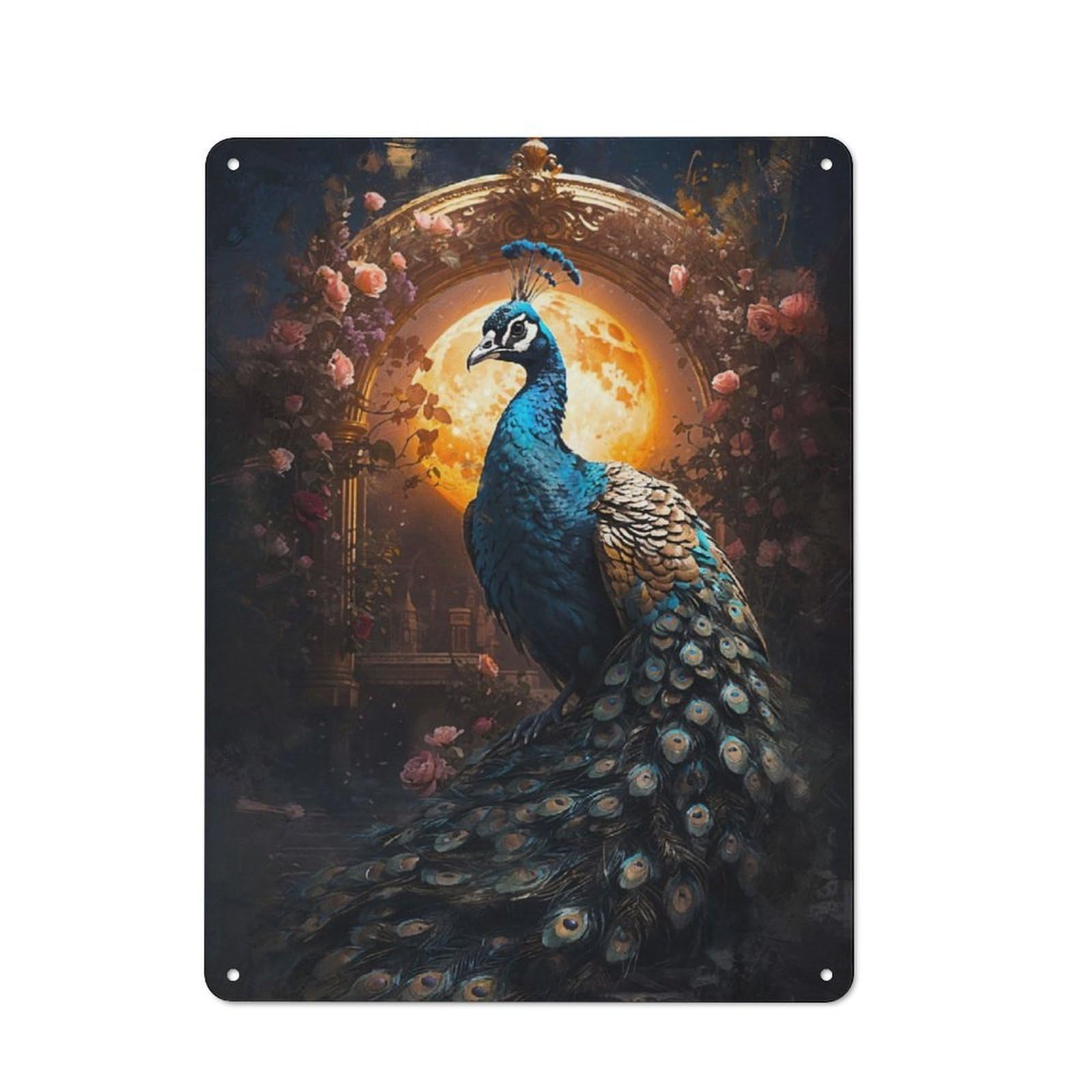 Junmoney A Peacock In Moonlight Vintage Tin Sign 40X30cm With For Guest Room Or Hallway, Suited To Wall Displays In Guest Rooms And Hallways