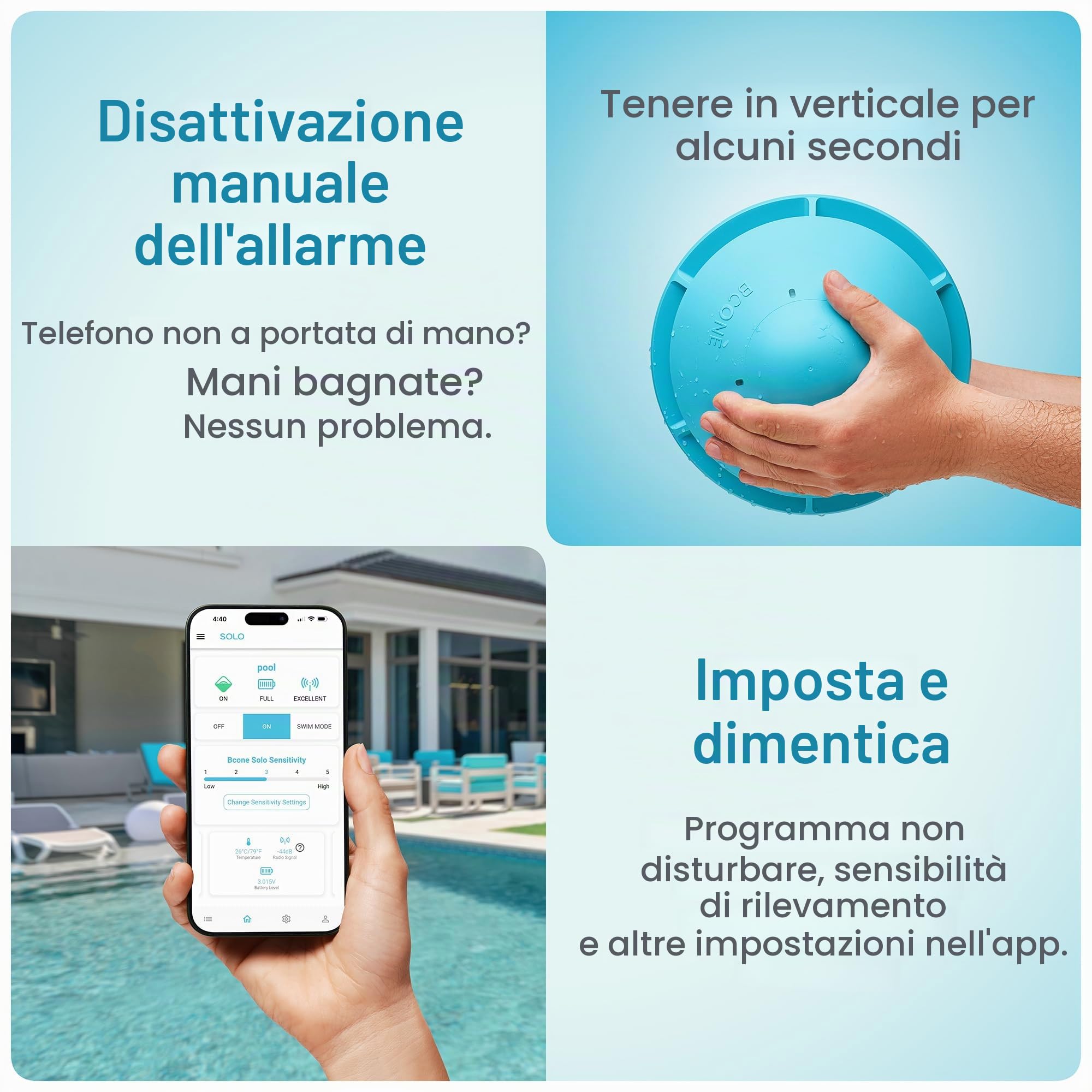 Allarme Piscina Solo, Allarme Smart Pool con App Bluetooth, per Piscine Fuori Terra e In-Terra, Sirena Forte 110 DB, Impermeabile IP68, 3 Anni di Garanzia, Installazione in pochi secondi.