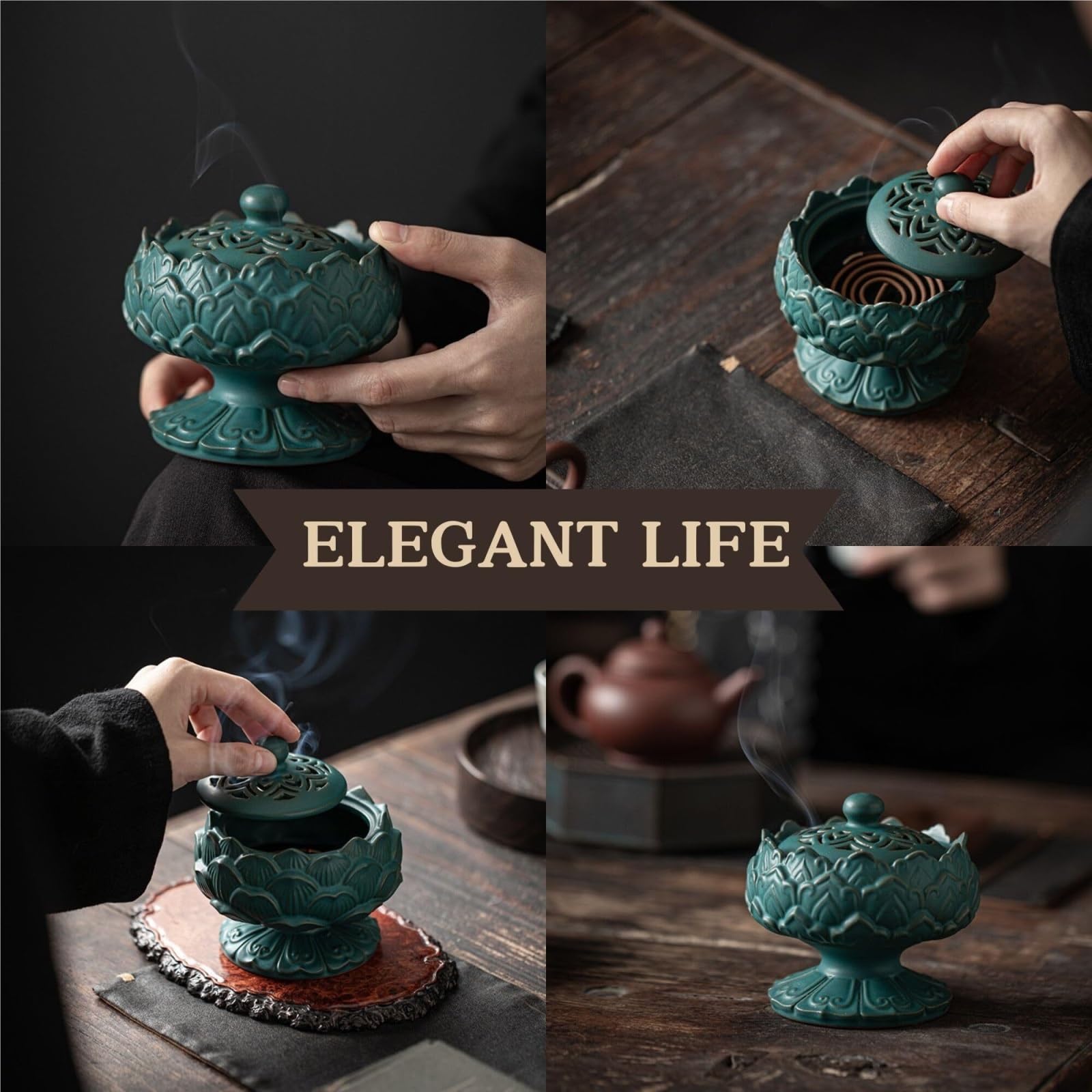 Porta Incenso Bruciatore Incenso Bruciatore di Incenso in Ceramica Ornamenti for Incenso Domestico in Legno di Sandalo Incenso Creativo di Loto Portaincenso per Famiglia(Grün)