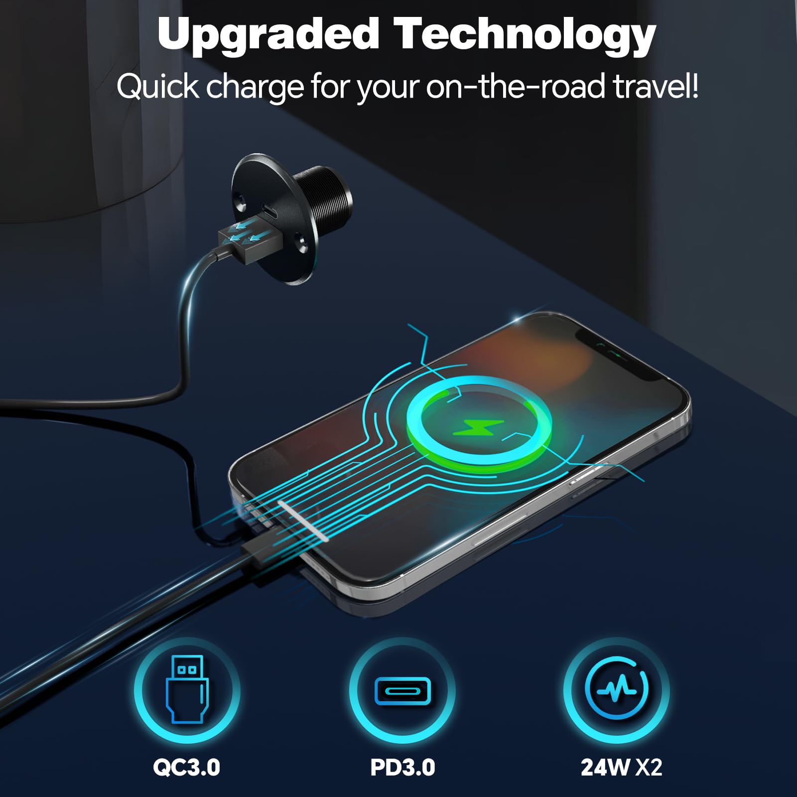 acegoo Gniazdo USB 12V Wyjście USB do Kampera, Całkowicie Aluminiowe Gniazdo RV, Port Typu A + Typu C Maks. 24W Wyjście Ładowarka, PD3.0&QC3.0 Szybkie Ładowanie do Kampera Morski Łódź Autobus Samochód
