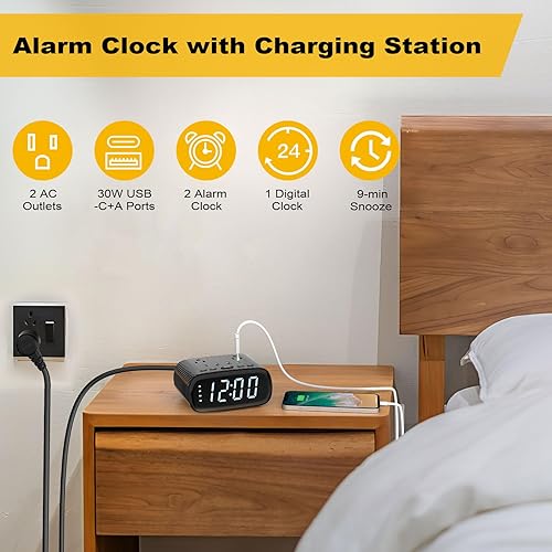 Miniatura 2 de Kungfuking Electronic Alarm Clock Charging Station PD 30W USB C,Dual Alarm Clock Power Strip with 2 AC & 4 USB Ports Digital Clock for Travel