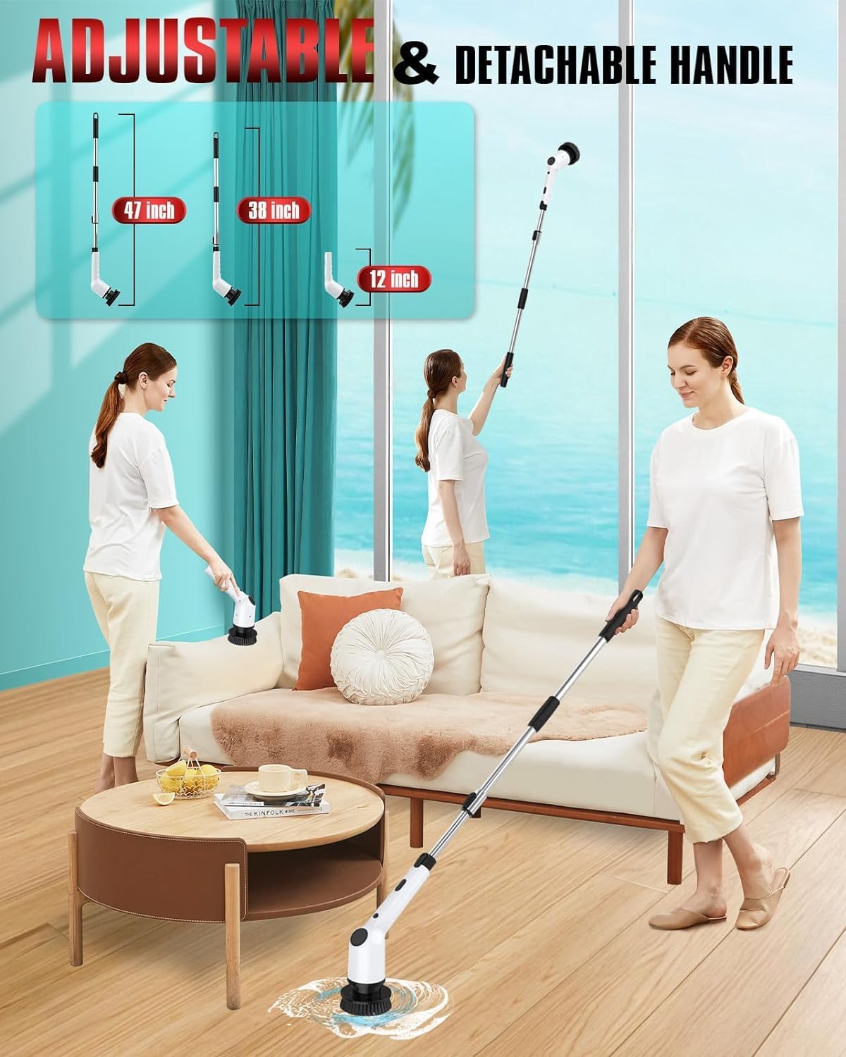 Electric Spin Scrubber, 2024 Upgrade Cordless Shower Scrubber with Power Display Screen Extension Handle, 8 Brush Heads 3 Adjustable Speeds 420 RPM, Power Cleaning Brush for Bathroom Tub Grout Bathtub