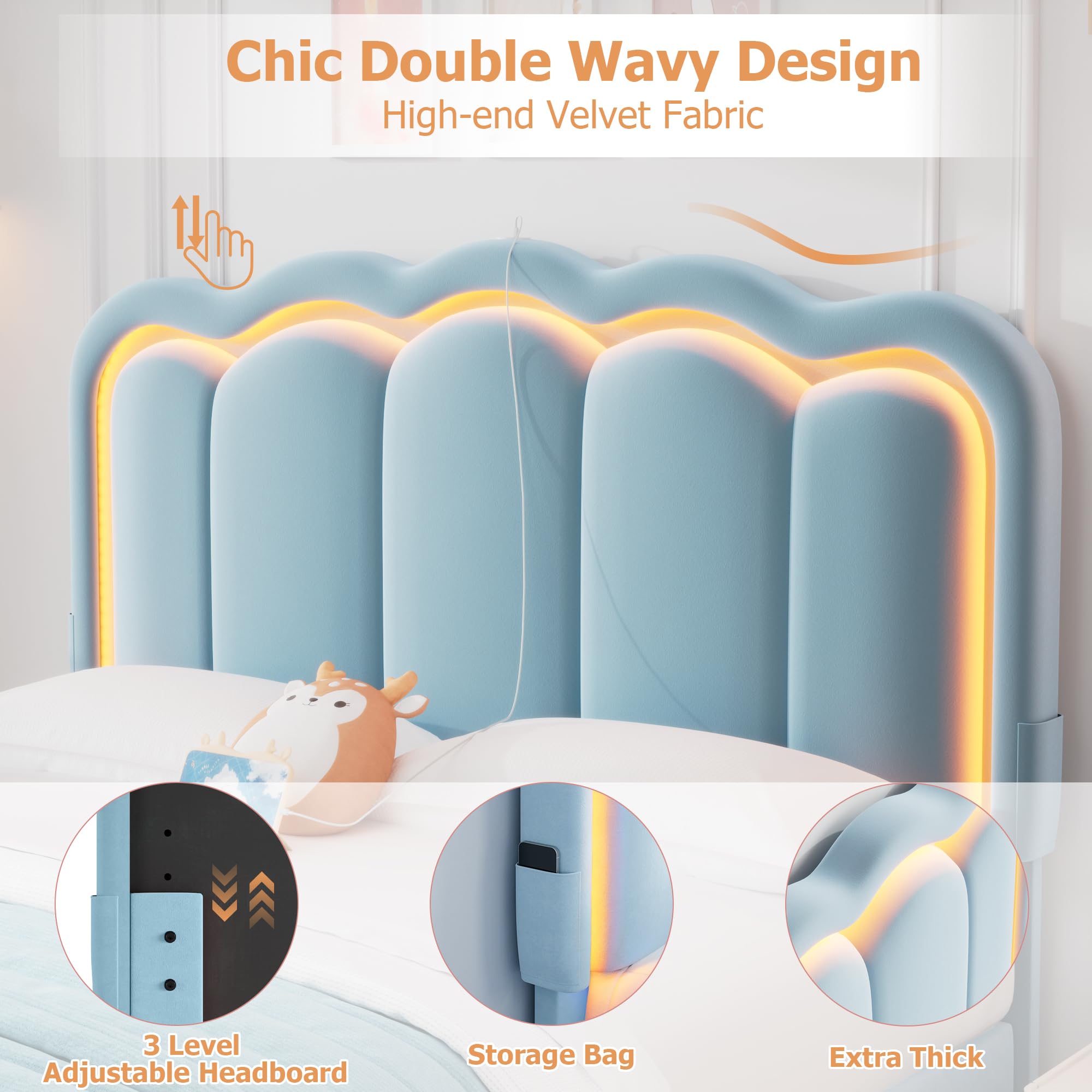 Queen Upholstered LED Bed Frame with 2 Storage Drawers and Adjustable Chic Double Wavy Headboard, Velvet Princess Platform Bed with Charing Station, Solid Wood Slats Support,No Box Spring Needed, Pink: Blue Full