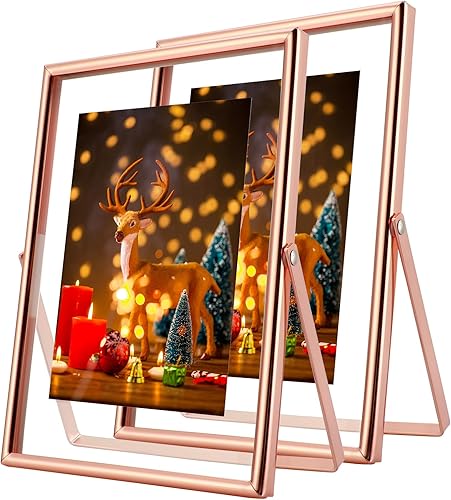 Marco flotante de oro rosa, 5 x 7 pulgadas, vertical, juego de 2 unidades, para fotos de 4 x 6, 3.5 x 5, 2 x 3, marcos de fotos de escritorio
