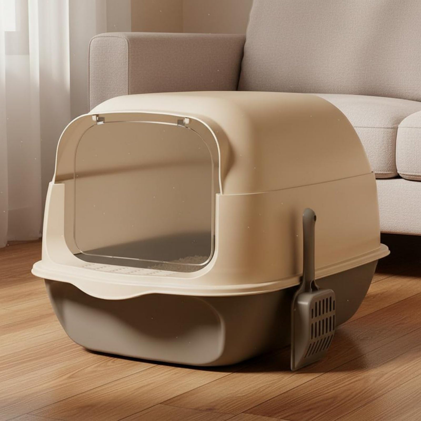 Caja de Arena para Gatos Arenero Bandeja Inodoro Sanitario con Entrada con Escalón Que Reduce Rastros y Salpicaduras Tapa Abatible y Estructura, Verde