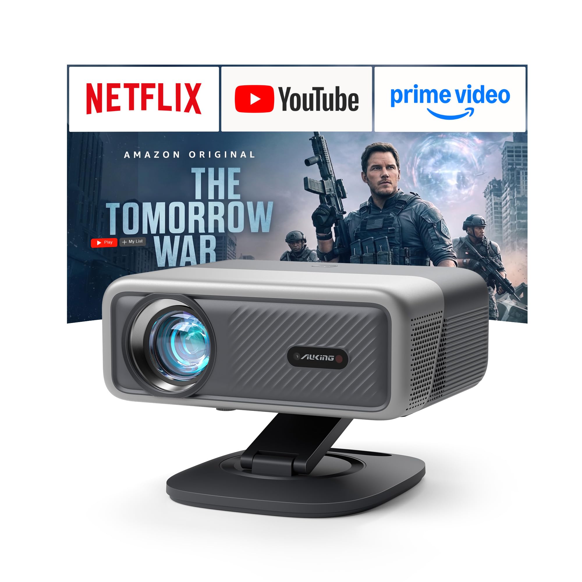 [Officially-Licensed APP & 4500ANSI] 4K Projector with WiFi and Bluetooth,3D Dolby Audio and Auto Focus Smart Overhead Projector,Outdoor Movie Home Theater Proyector with Omni-Adjustable Stand (grey)