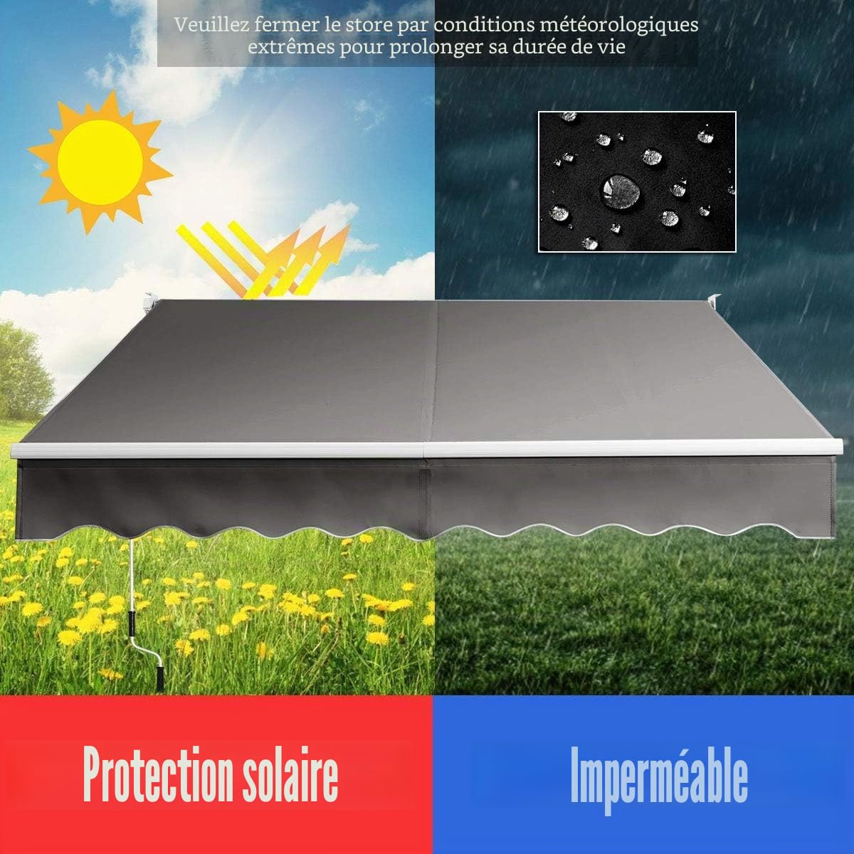FANTASK Auvent à Bras articulés, Protection Solaire et Eau, 250 x 200 cm, Store rétractable avec Cadre en Aluminium et manivelle, Store de terrasse Angle réglable de 40 à 100 ° pour Balcon, terrasse