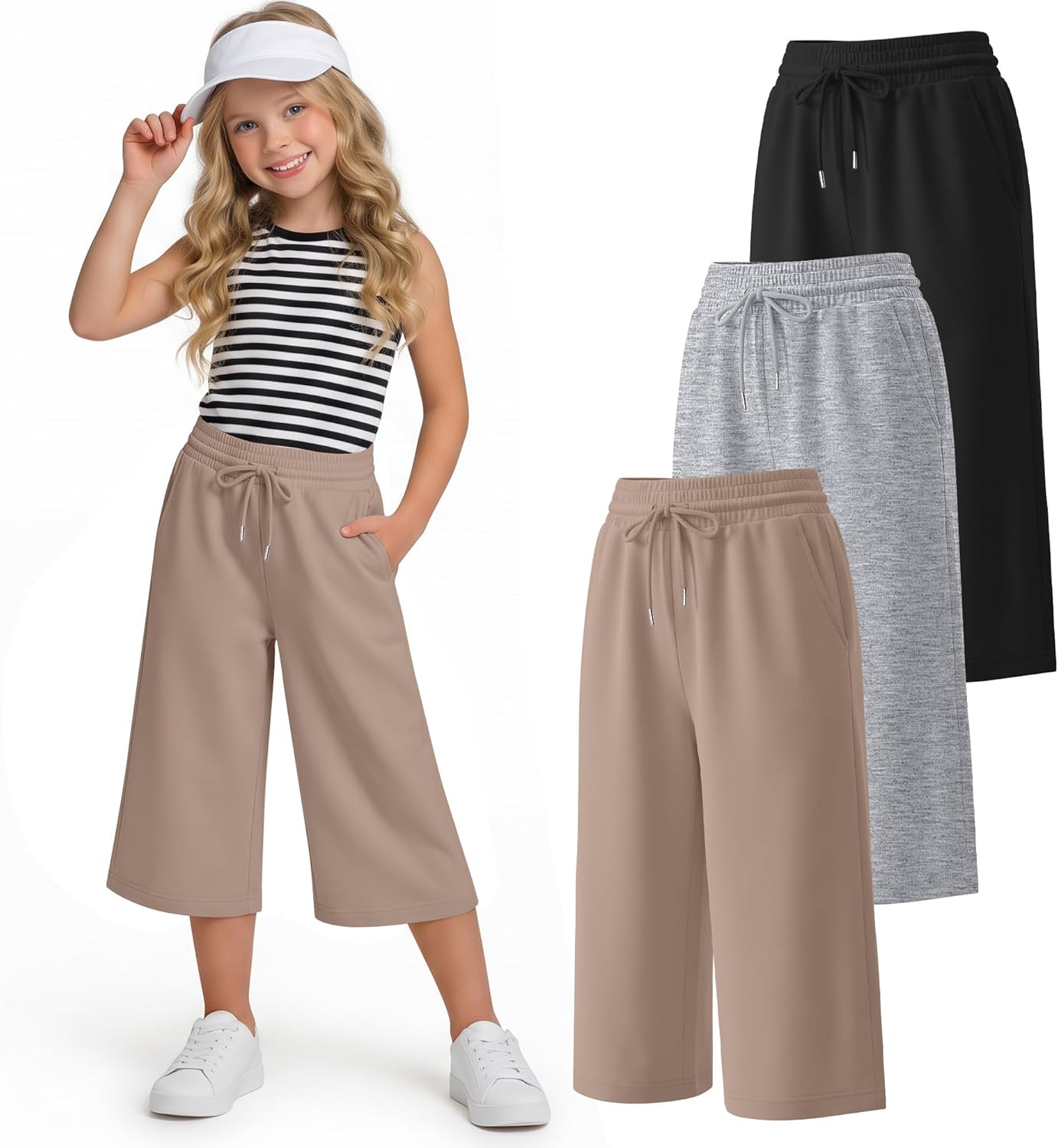 Halfchet 3 Pack Girls Capri Pants Wide Leg Baggy Cropped Sweatpants Kids Basic Casual Capris with Pockets for Ages 5-14