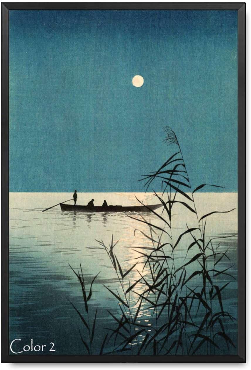 HUDEASHUCanvas Art Posters Japanese Art Print Moonlit Sea By Koho Shoda Woodblock Modern Family Bedroom Decor 12x16inch Metal Frame
