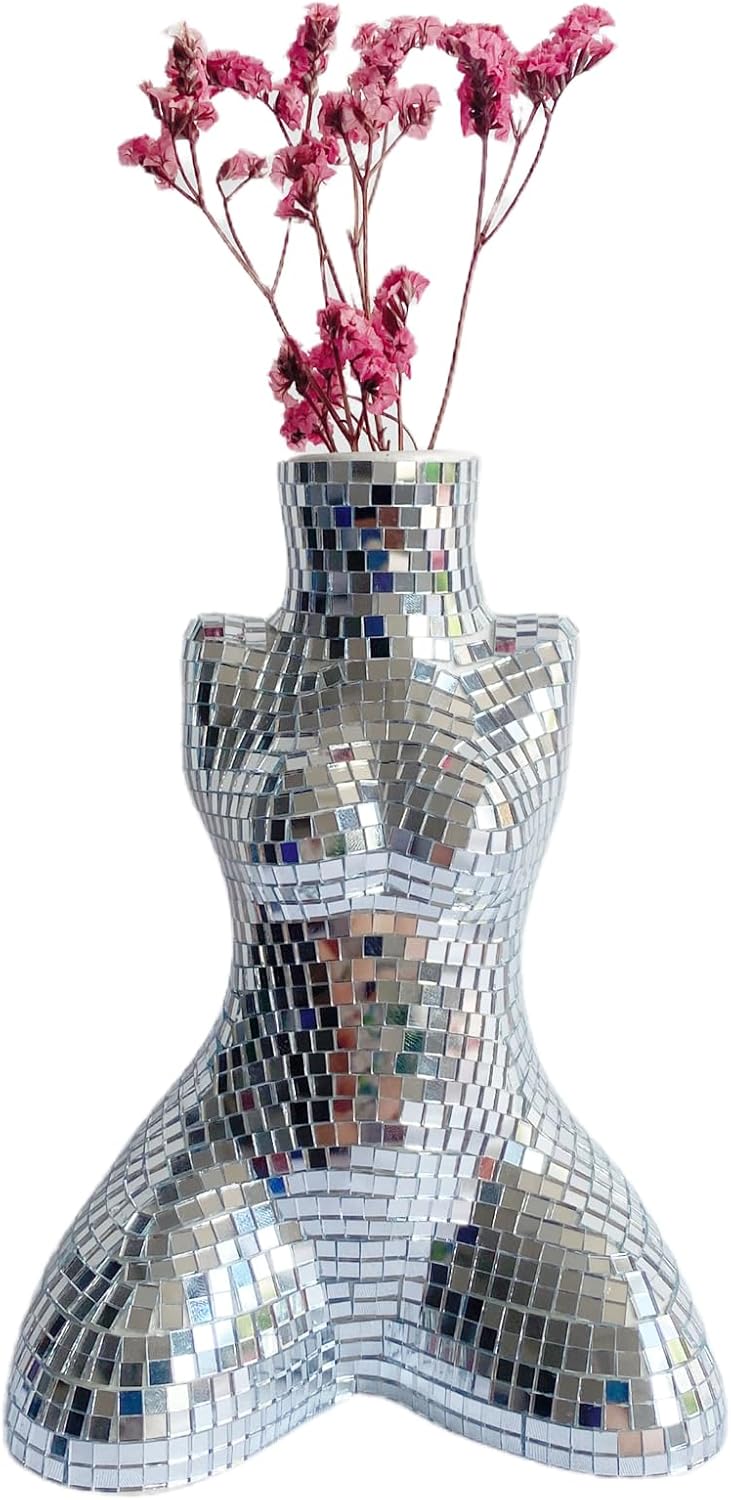 Female Body Vase,Modern Handmade Ceramic Disco Flower Vase for Office Bedroom Living Room, Modern Bohemian Home Decoration,Silver,4x2.8x5.7inches