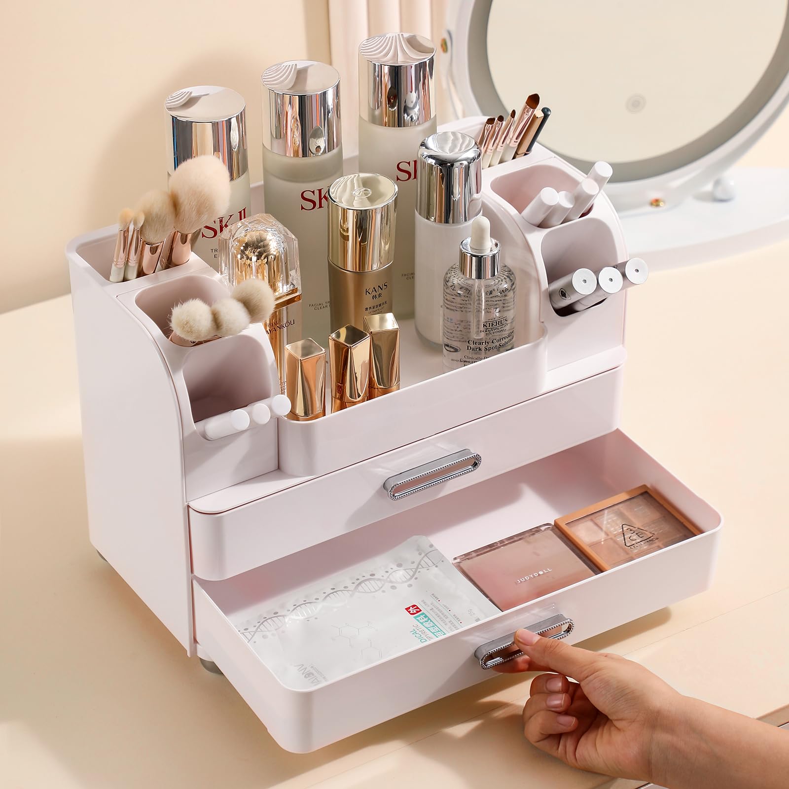 Anyoifax Makeup Organizer Countertop with Drawers and Brush Slots