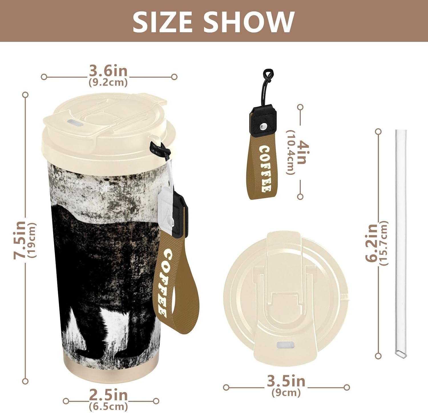 Vintage Bear Forest Insulated Coffee Mug with Straw & Flip Lid, 16.9oz Iced Tumbler Cup, Double Wall Vacuum Mug for Travel Office