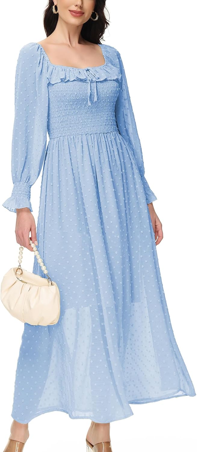 Anna-Kaci Vintage Dress Casual Long Puff Sleeve High Waist Smocked Chiffon Lace Flowy Summer Dress for Women