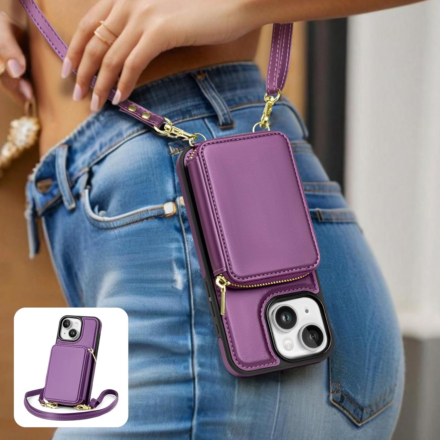 SkyEagle Compatible with iPhone 13 Wallet Case for Women【RFID Blocking】 Crossbody Phone Case PU Leather Zipper Handbag Wrist Strap Cover Credit Card Holder,for Apple 13 6.1",Purple