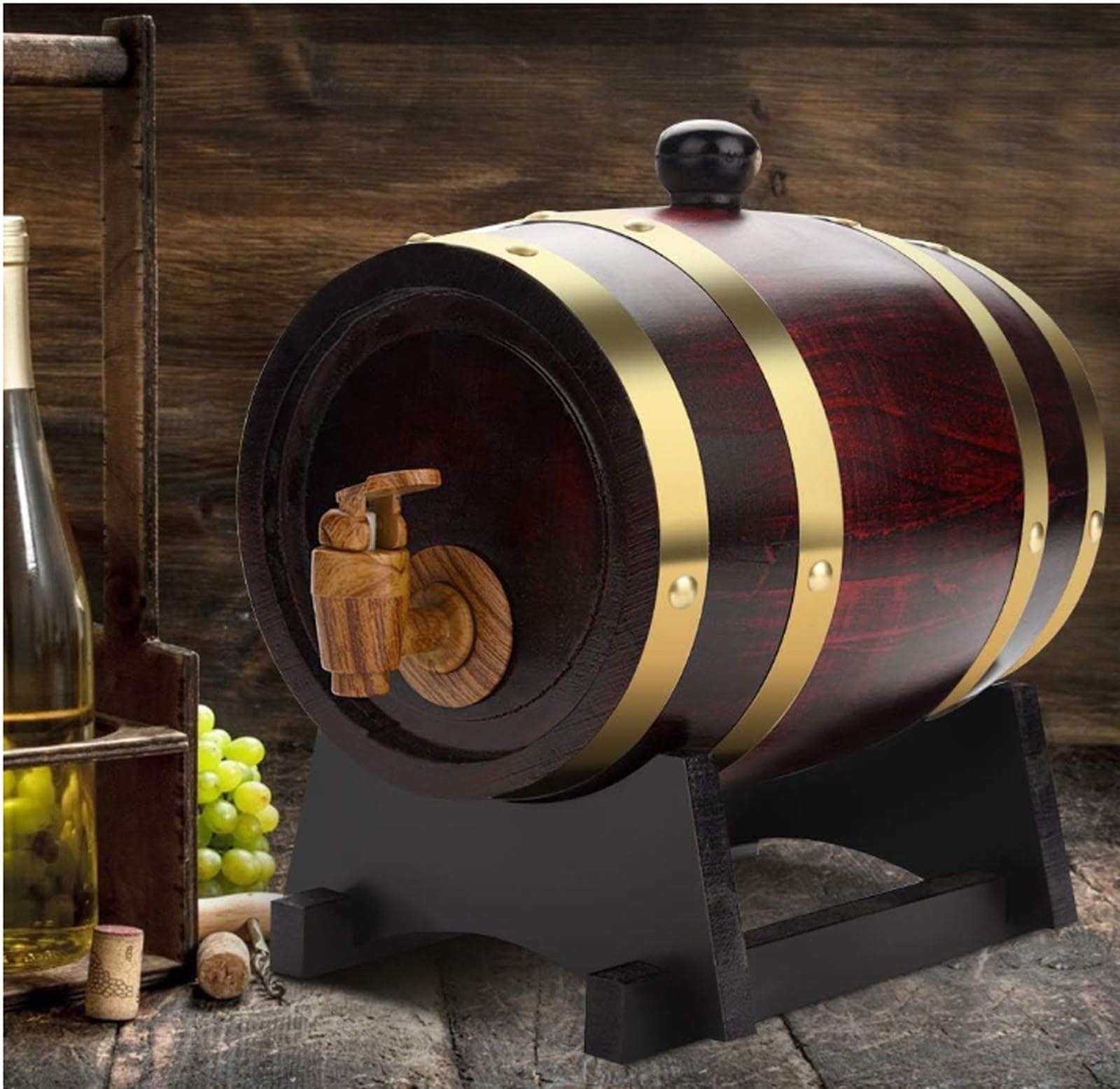 Barril de Roble (10l, 15l, 20l, 30l, 50l), Barriles de Vino, Barriles de Madera Vintage para Whisky, con Grifo/Soporte, Revestimiento de Papel de Aluminio(F,10L)