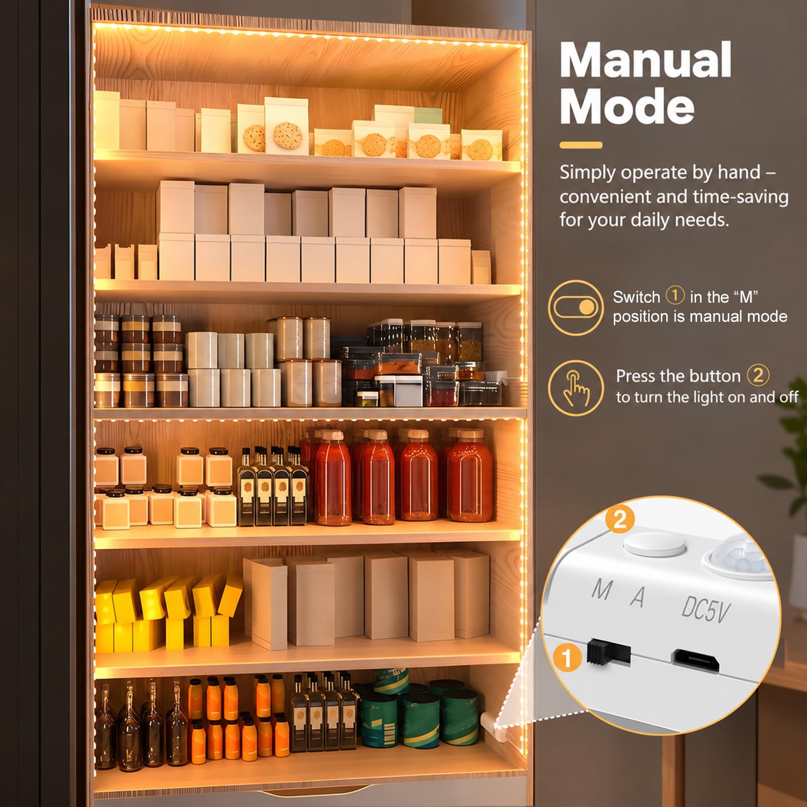 WOBANE Illuminazione per scale con 2 rilevatori di movimento, nastro LED ricaricabile da 5 m, flessibile, con batteria, sensore LED, luce bianca calda, camera da letto, 2700 K