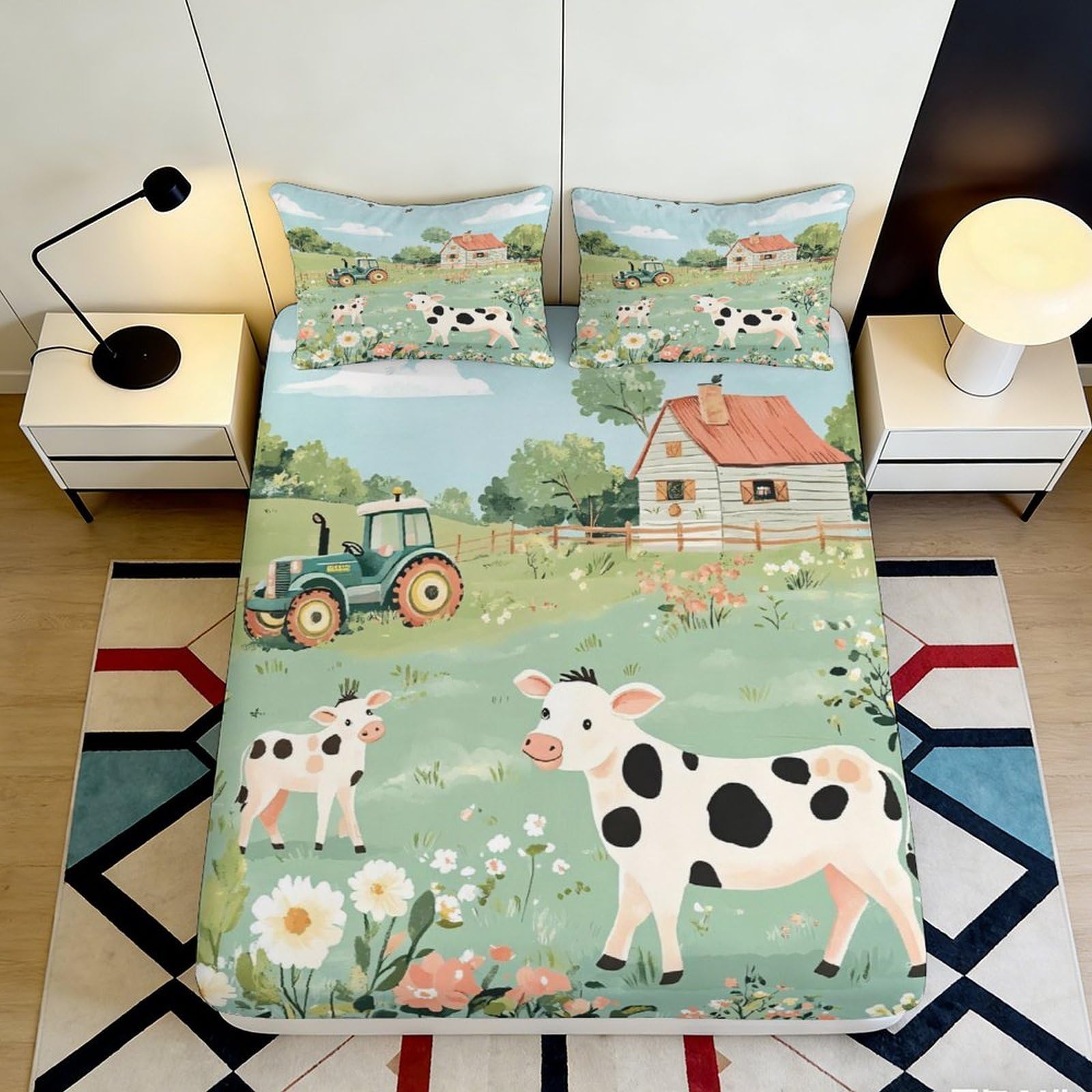 3D Printed Farmhouse Cow Fitted Sheet Microfiber Soft Pastoral Tractor Bed Cover for Bedroom Guestroom Decor 90x200x25cm