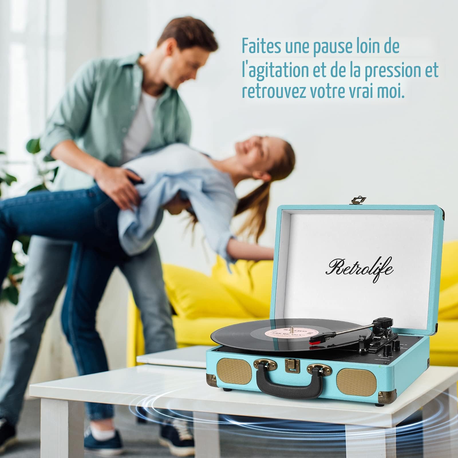 Retrolife Platine Vinyle 3 Vitesses Bluetooth Portable, Bleu Classique