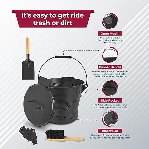 Miniatura 4 de Cubo de ceniza  Cubo de metal con pala escoba y guantes  para madera, carbón, brasas, cenizas, pellets, etc.  Cubo de ceniza con boquilla de vertido