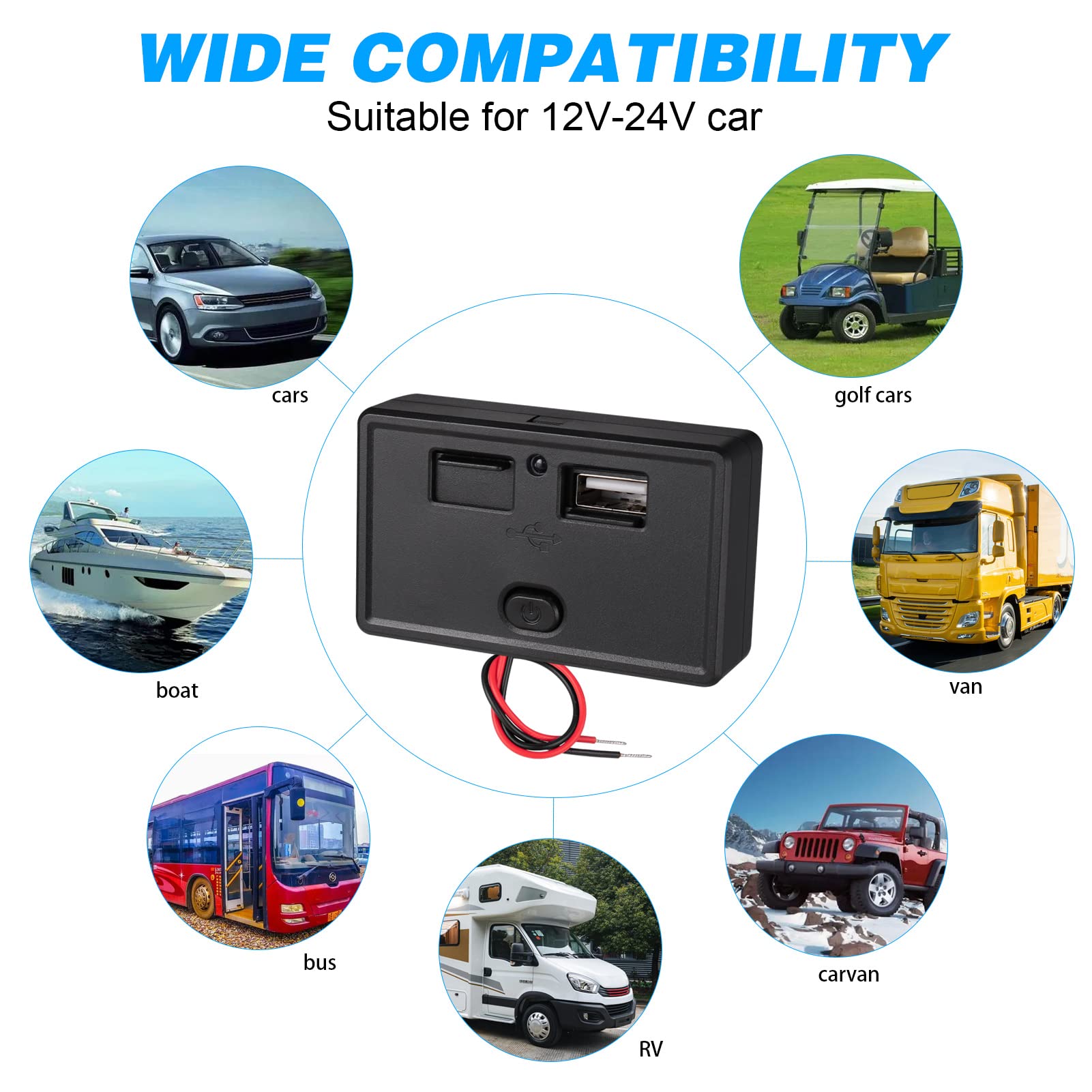 Caricabatterie Auto Impermeabile Kibon Con Doppia Porta USB 4.8A - Pannello 12V Con Interruttore On/Off E Copertura A Molla, Per Auto, Camper, Barca E Camion