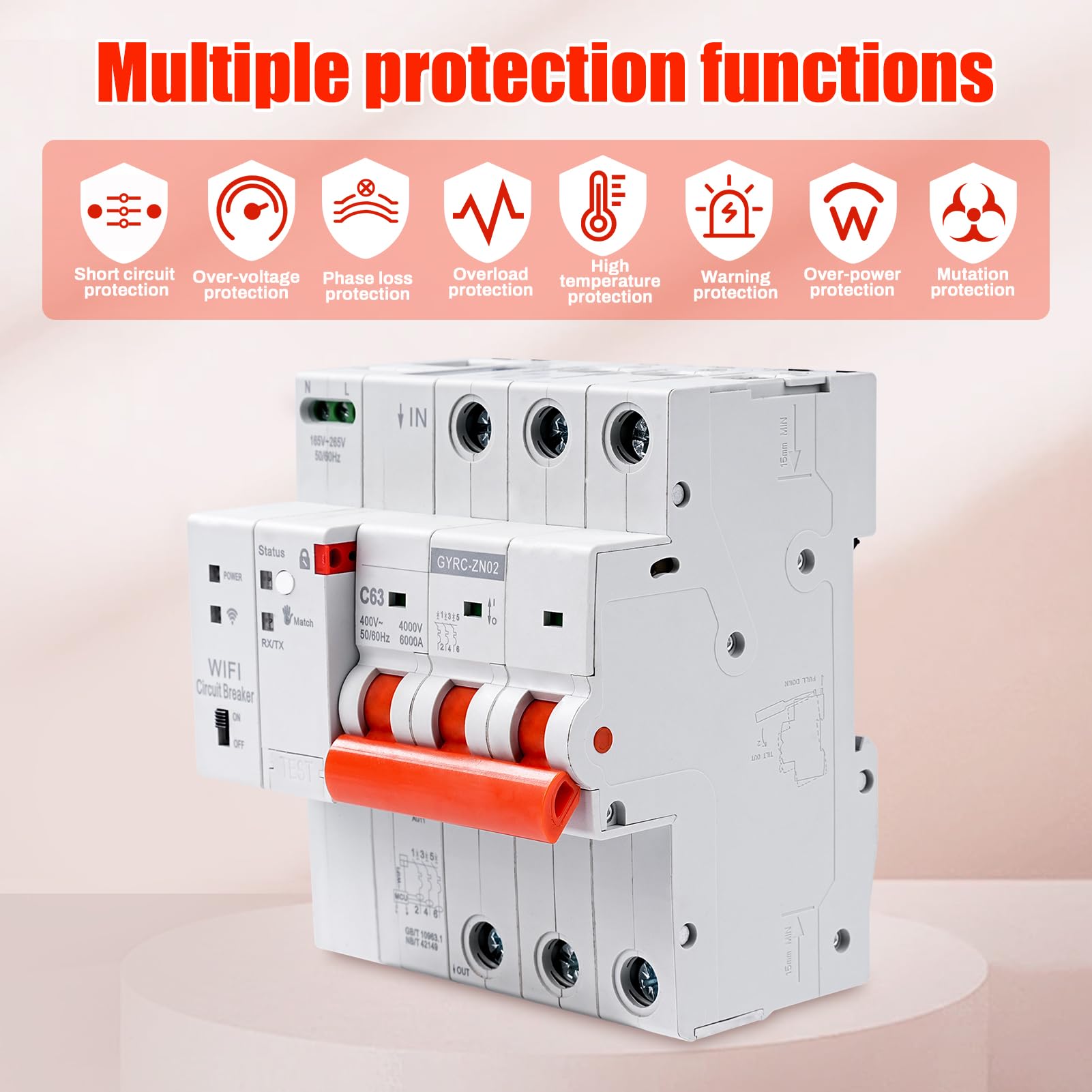 Jadeshay Disyuntor Inteligente WiFi 63A 3P 400VAC Interruptor Magnetotérmico con Rearme Automático Protección contra Sobretensión y Sobrecarga Control Remoto WiFi Compatible con Tuya y Smart Life
