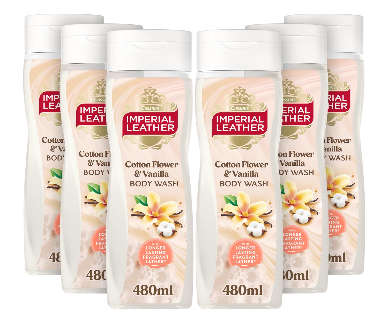 Imperial Leather Cotton Flower & Vanilla Body Wash Shower Gel, Rich Creamy Lather & Long-lasting Luxury Fragrance, Vegan & Cruelty Free (6 x 480ml)