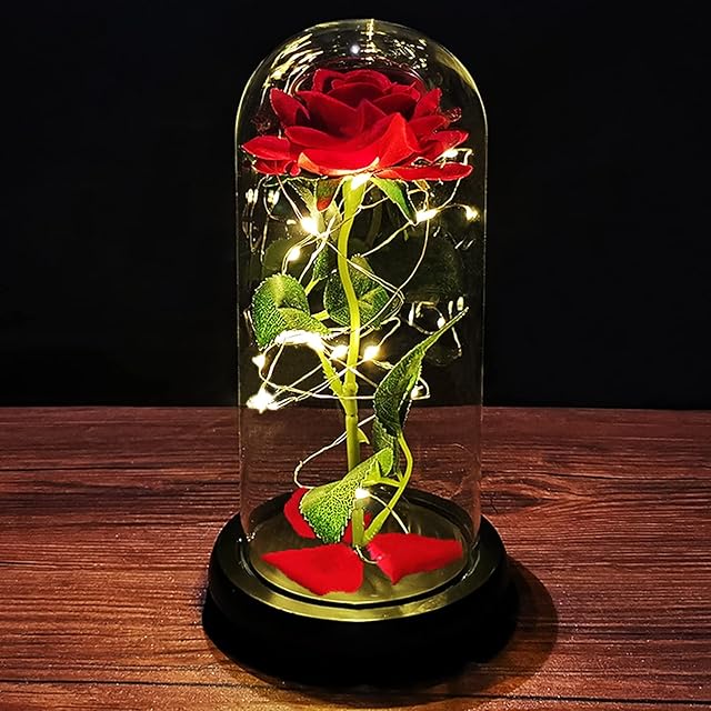 Beauty and the Beast Rose Valentines Day Gifts for Her Enchanted Rose Red Silk Rose and Led Light in Glass Dome on Base Forever Rose Gift for Women Mum Girlfriend Wife Mothers Day Anniversary Birthday