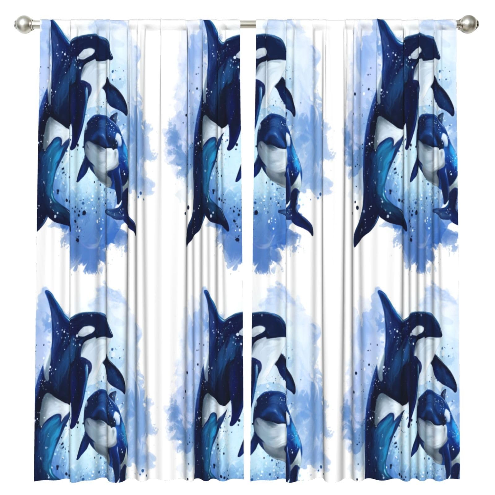 InOmak Watercolor Two Killer Whales, 2 Panels Window Curtains 52 x 84 Inch Blackout Curtains for Living Room Bedroom