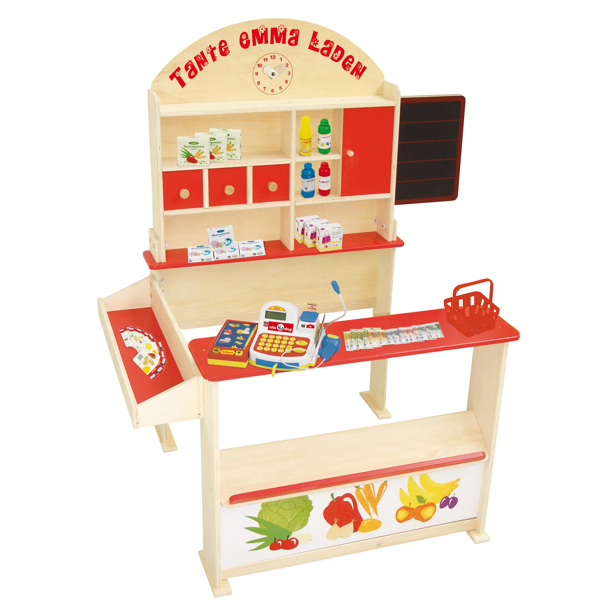 roba Kaufladen 'Tante Emma', Holz natur, mit Theke, Tafel, Seitentheke & Markststand Bedruckung, mit Regale