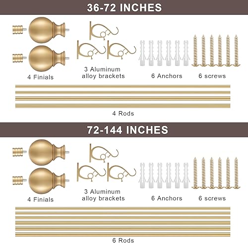 Miniatura 10 de Varillas de cortina dobles para ventanas de 36 a 72 pulgadas, barra de cortina decorativa ajustable con remates redondos y de barril, 1 pulgada