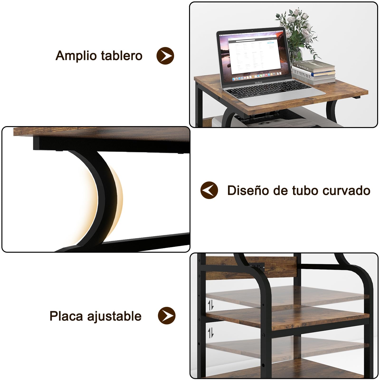 PUNCIA Mesa para Impresora 60 x 50 cm Ajustable en Altura Soporte para Impresión de 3 Niveles con Ruedas Móvil de Madera y Metal Carrito Estante de Almacenaje para Oficina Escuela Estudio Retro