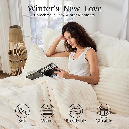 Miniatura 2 de Sasttie Juego de edredón esponjoso tamaño Queen de 3 piezas, súper suave y mullido, color blanco crema, para invierno, cálido ropa de cama de forro