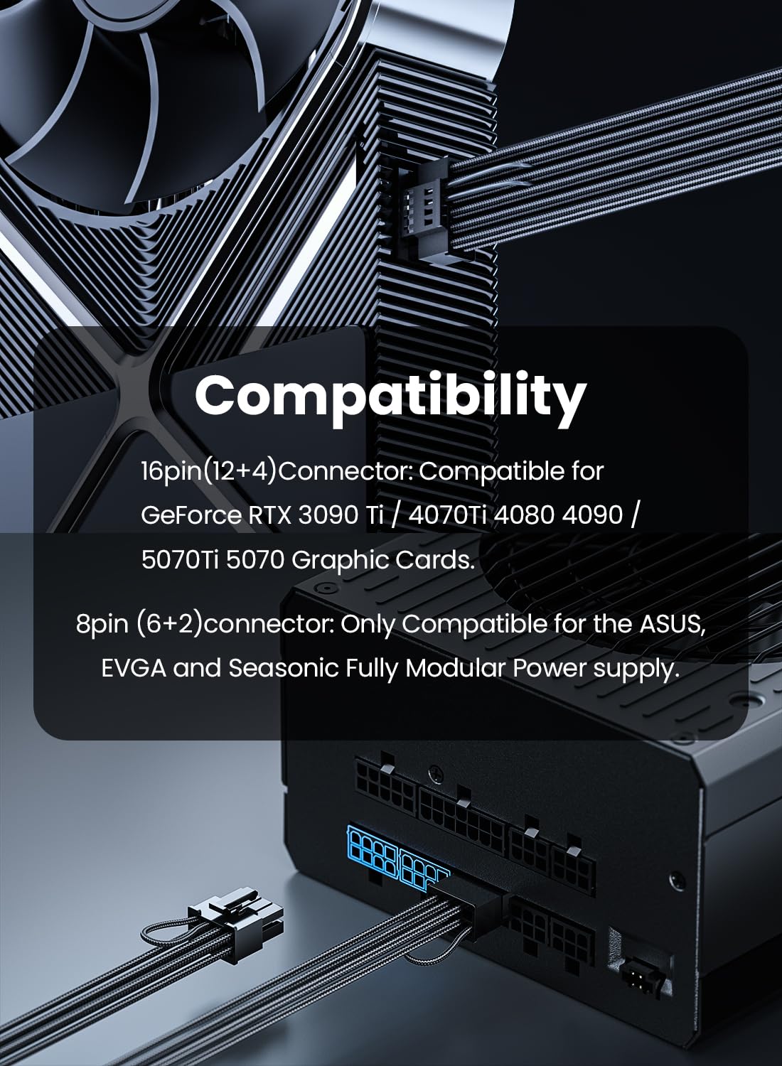 Fasgear Câble d'alimentation PCIe 5.0 70cm-16 Broches (12+4) 12VHPWR vers 2x8 Broches (6+2) connecteur pour RTX 4070 4080 4090 5070,Compatible avec ASUS EVGA Seasonic