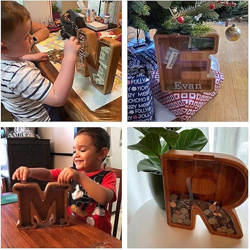 Miniatura 4 de Alcancía personalizada para niños, alcancía de madera personalizada 9 pulgadas con letras para niños, texto de marcado láser, caja de dinero para