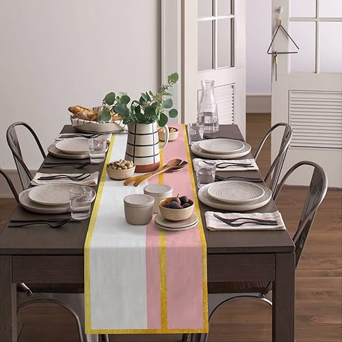 Miniatura 4 de Camino de mesa rosa y blanco  48 pulgadas de largo, encaje amarillo de lujo, arte abstracto, estética, mezcla de algodón y lino, bufandas de vestir,