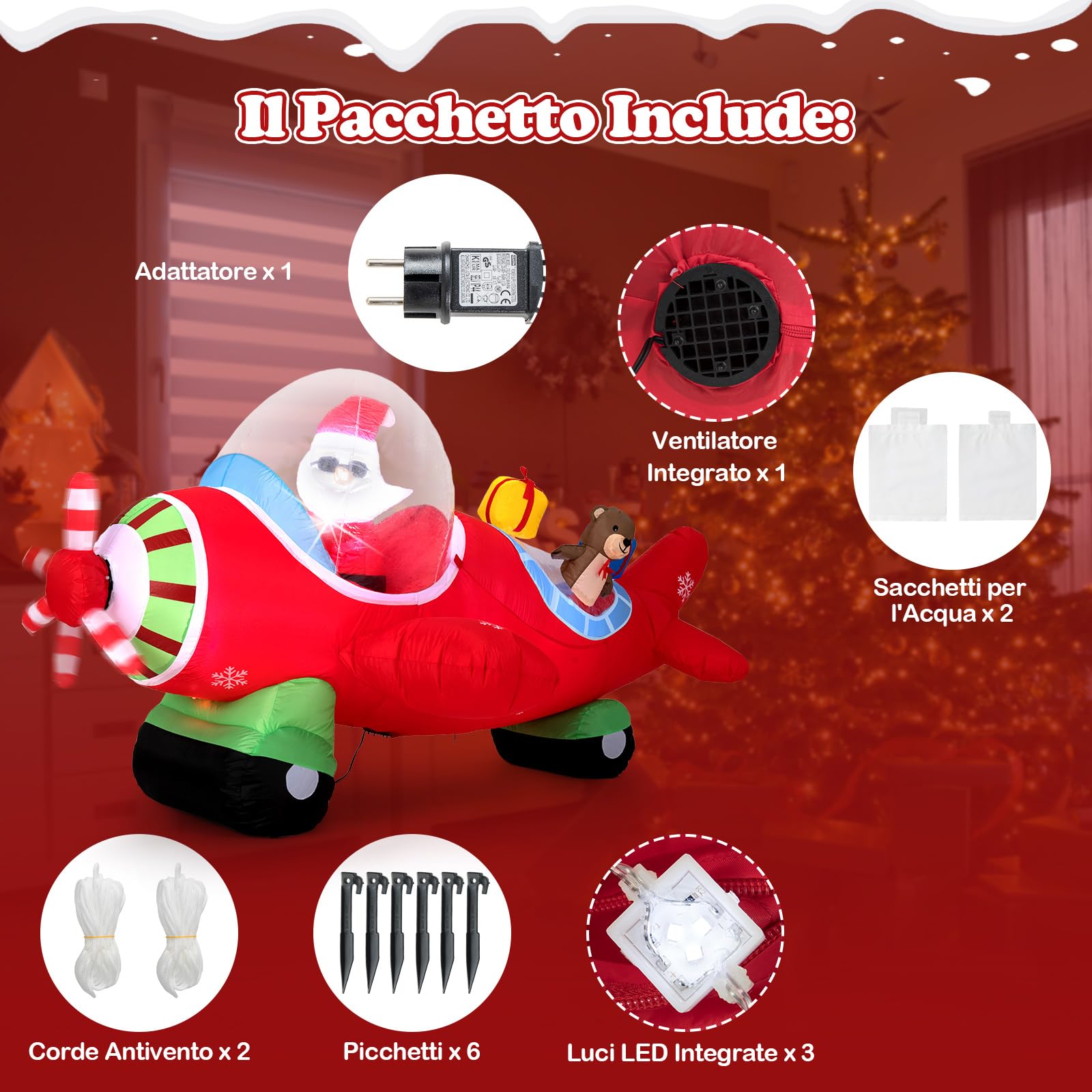 COSTWAY Babbo Natale Gonfiabile su Aereo 120 cm, Decorazione Natalizia da Esterno con Orsetto, Scatole Regalo e Luci LED, Decorazione Gonfiabile Invernale per Festa, per Giardino, Cortile e Casa