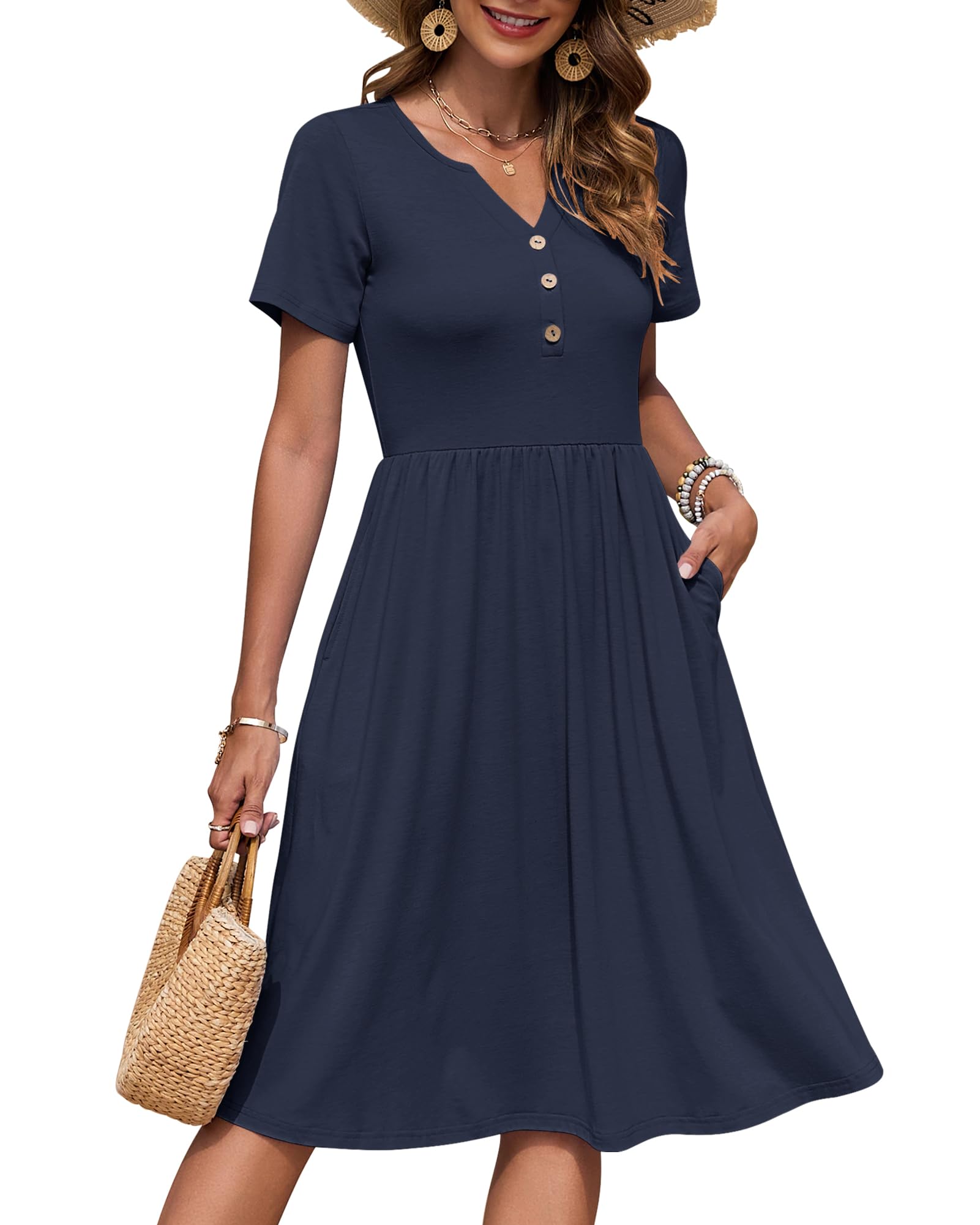 AUSELILY Vestito Estivo a Maniche Corte da Donna Abito Casual Scollo a V al Ginocchiocon Bottoni con Tasche