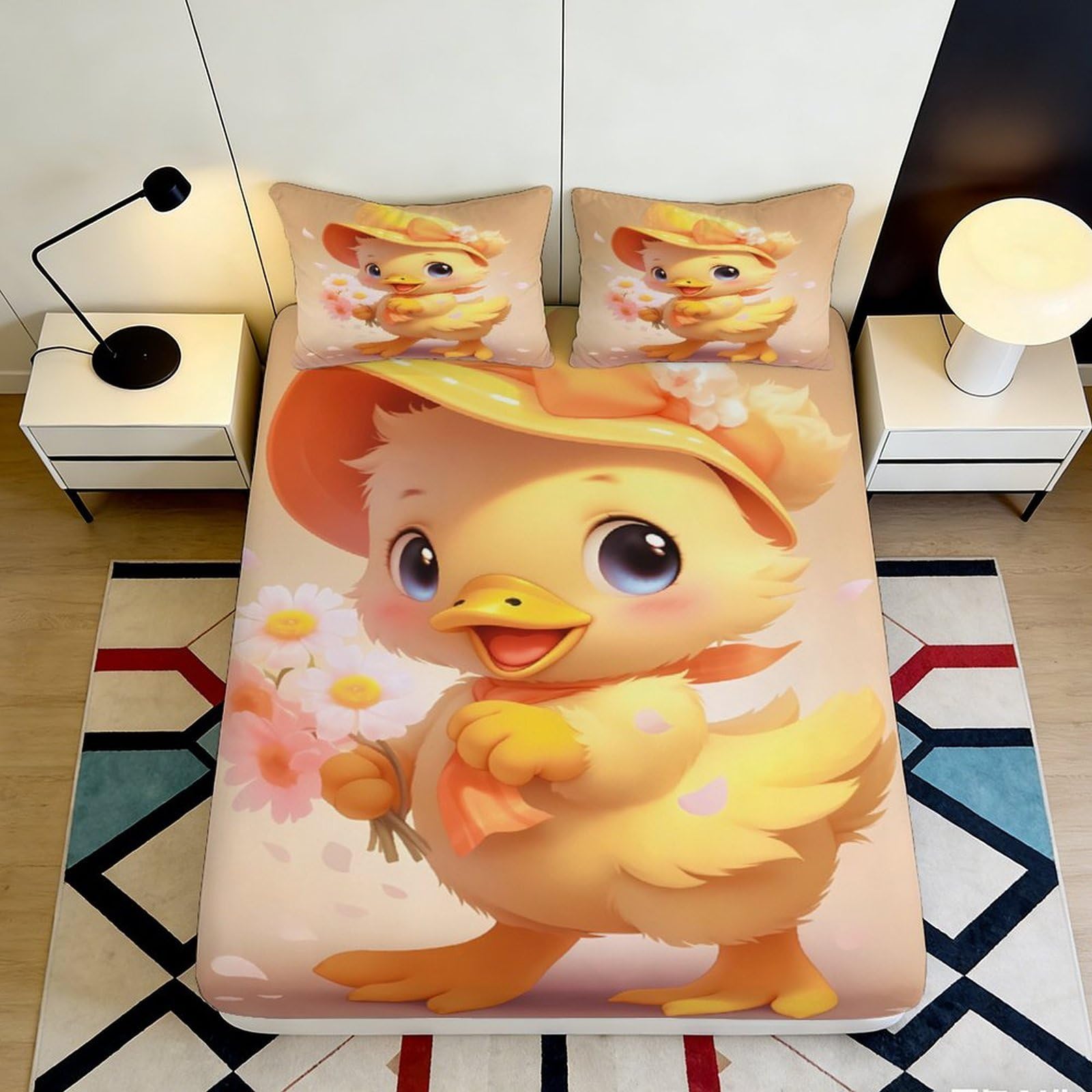 3D Printed Cute Duckling Fitted Sheet Microfiber Soft Breathable Cartoon Flower Bed Sheet for Bedroom Dormitory Guest Room Mattress Protection Decor 200x200x25cm