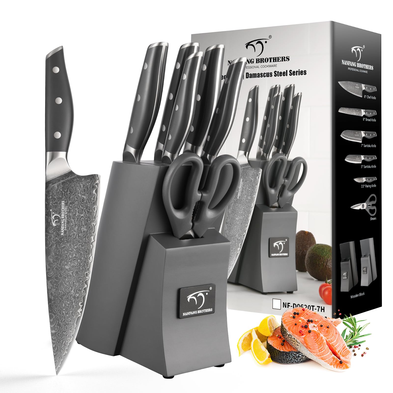 NANFANG BROTHERS Set di coltelli da cucina Damasco 7 pezzi con blocco, manico in ABS antiscivolo, set di coltelli in acciaio inox ultra affilati con blocco, coltello da chef, coltello da pane, ecc