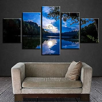 Amazon Co Jp 5ピース アートパネル フォレストレイク月明かりに照らされた青い空 帆布の絵 5ピース壁絵画 アート 絵画 Hd 帆布の絵 現代 ポスター 絵画インテリア壁掛けおしゃれ絵画 装飾 フレーム付き150x80cm ホーム キッチン