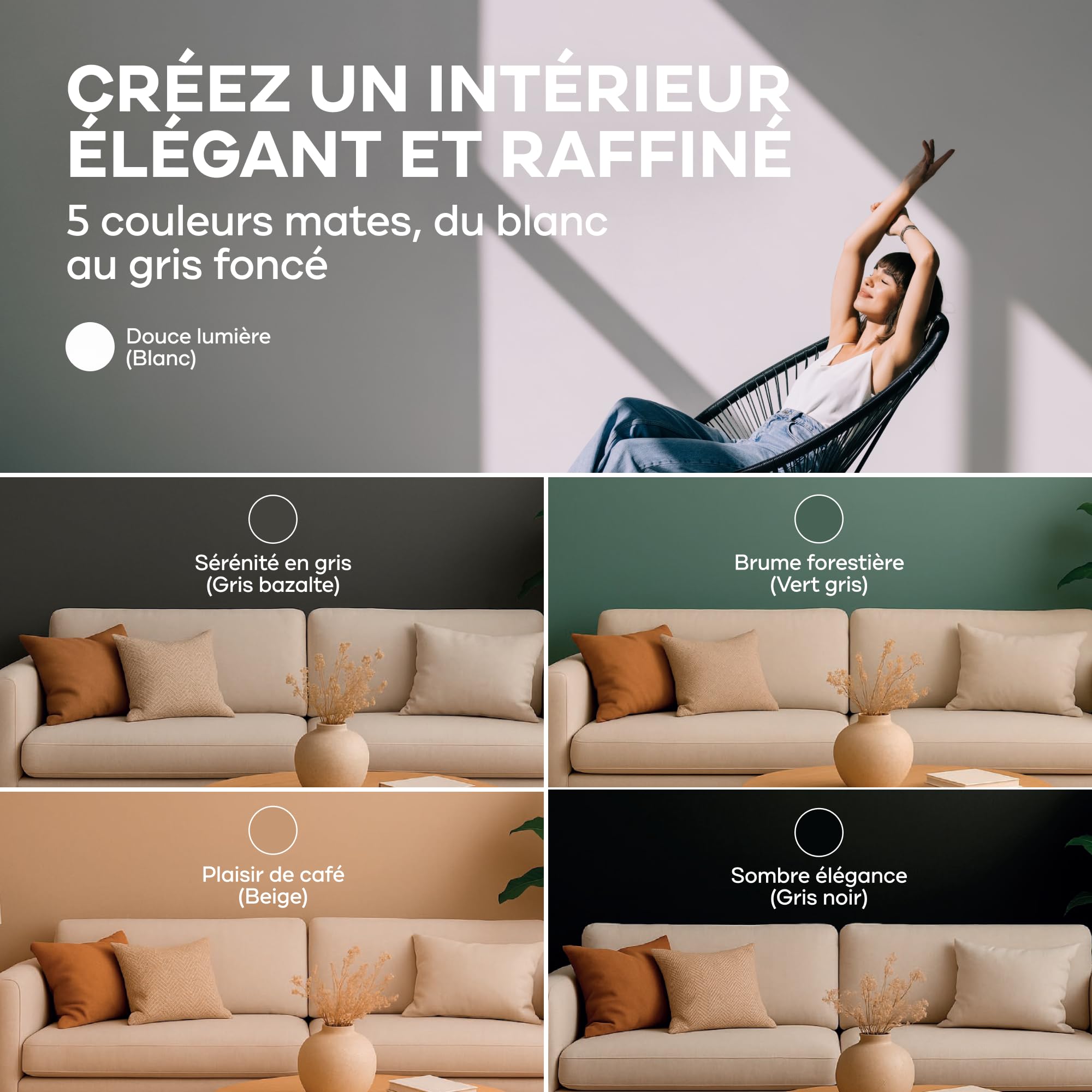 Plid® Peinture murale intérieure Blanc 5 L pour env. 30–35 m² – Couleur Design [Douce lumière] - Finition mate – Haute couvrance – Séchage rapide - Faible odeur - Décoration murs