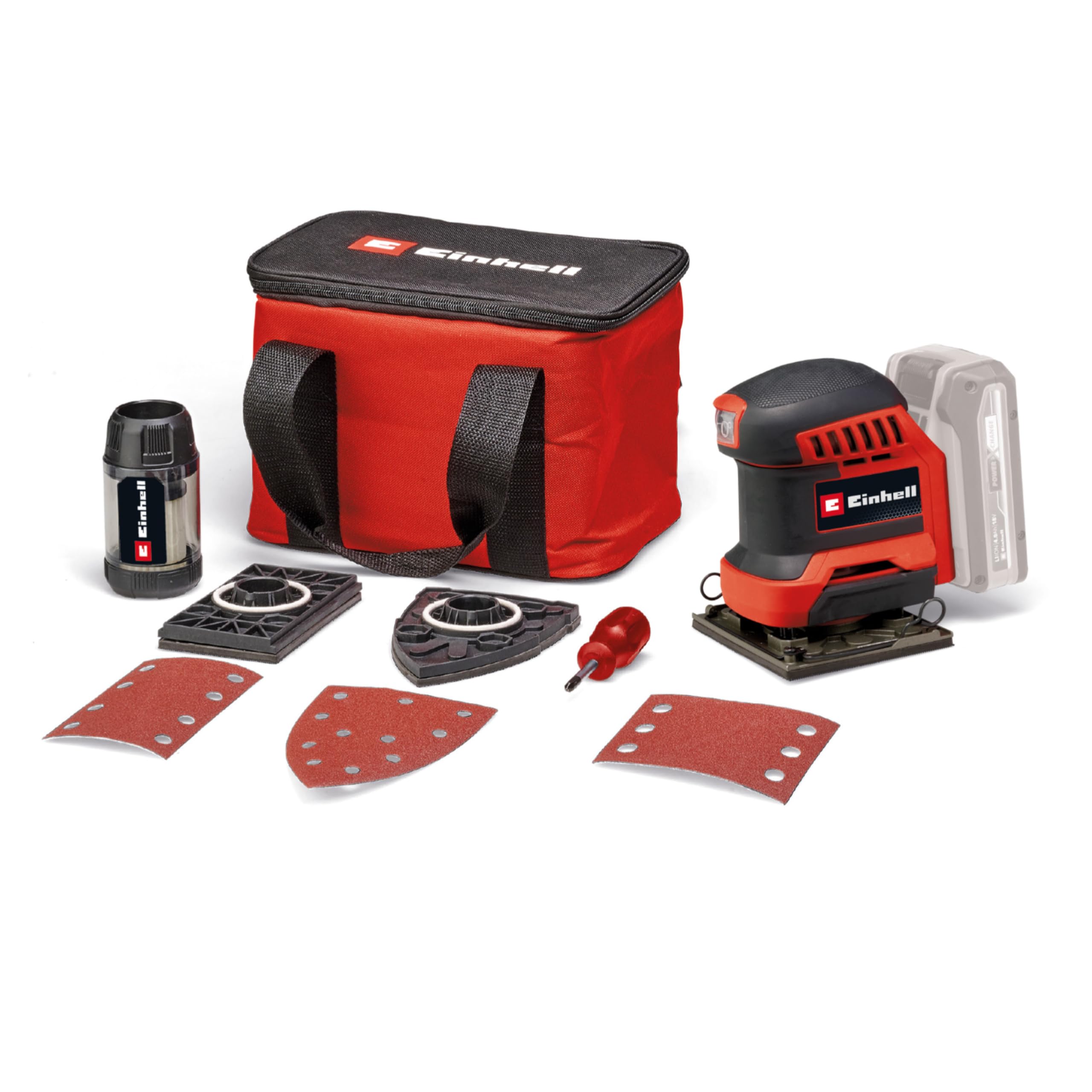 Einhell Lijadora de puño con batería TE-OS 18/113 3X Li-Solo Power X-Change (18V, lijadora orbital, 3 placas de lijado intercambiables, círculo oscilante de 1,8 mm, incl. accesorios, sin batería)