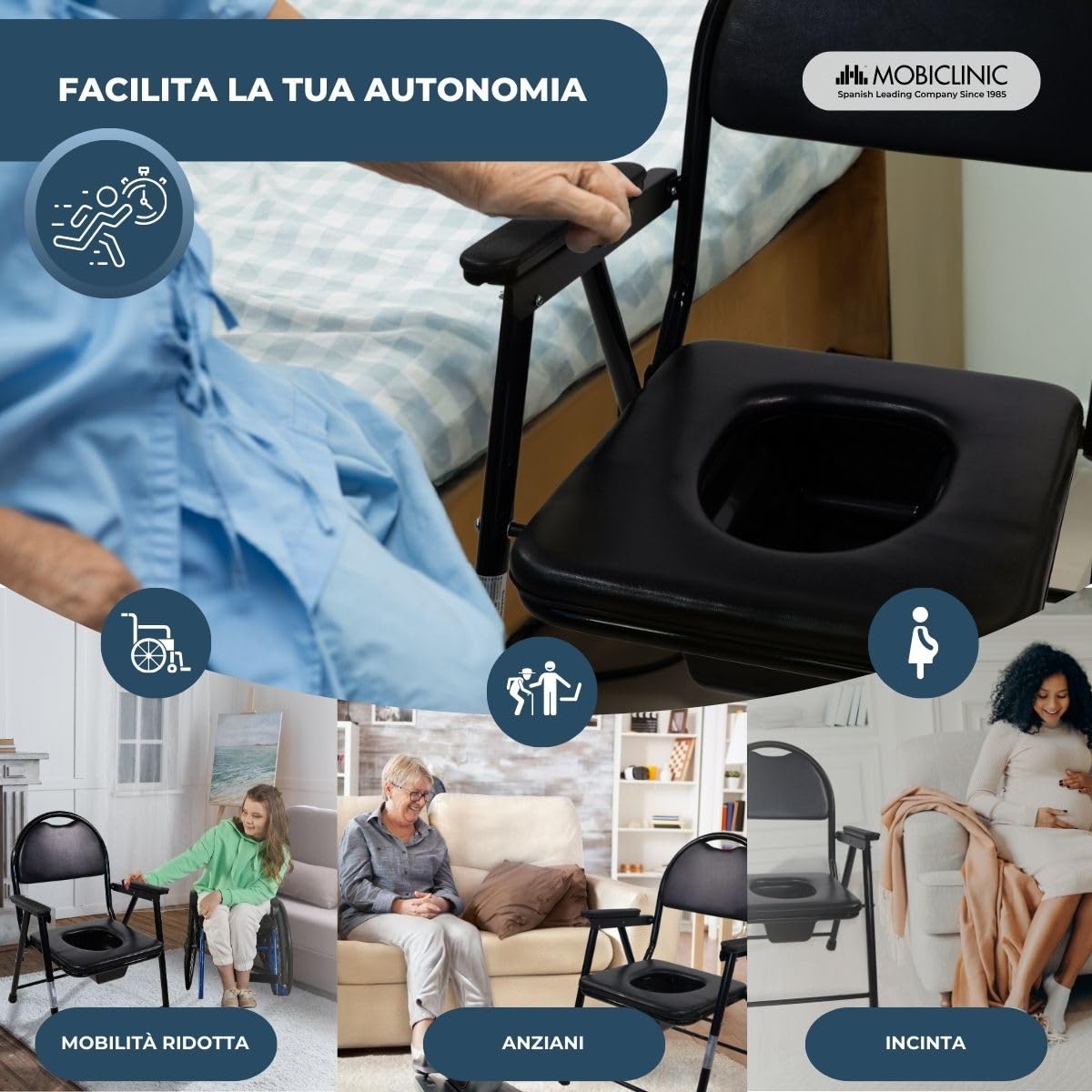 Mobiclinic®, Sedia con WC, Pieghevole, Guadalquivir, Comoda per Anziani, Marcatura CE, Braccioli, Seduta Ergonomica, Secchio Rimovibile, Piedini Antiscivolo, Nero