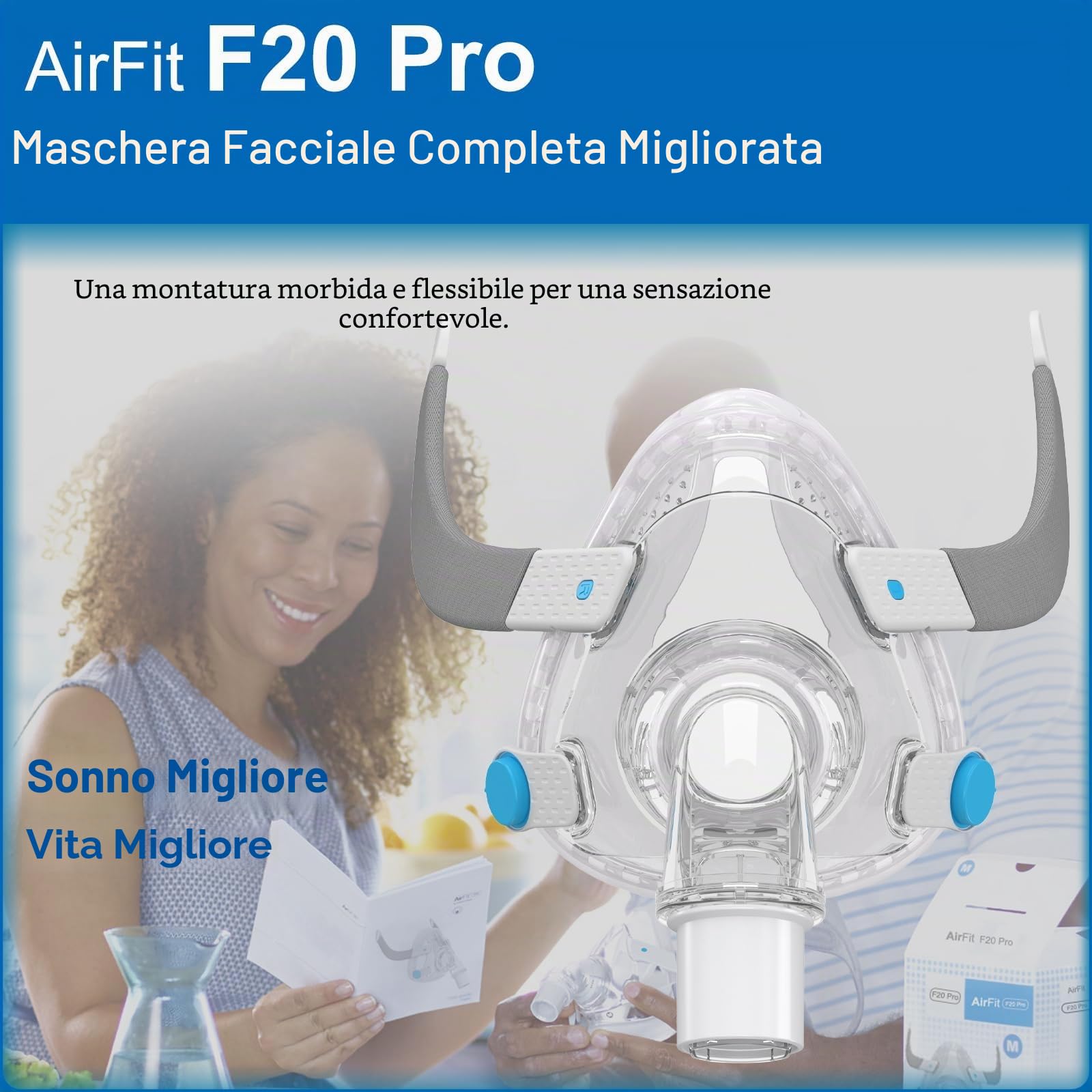 Sistema telaio di ricambio F20 per ResMed AirFit F20, set di ricambio per maschere facciali – Include maschera F20 (media), fascia per la testa, sistema di telaio CPAP, guarnizione senza perdite e