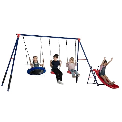 Delta Children FunZone - Juego de columpios de metal para exteriores de 4 piezas, incluye 2 columpios, 1 discoplatillo oscilante y tobogán, azulrojo