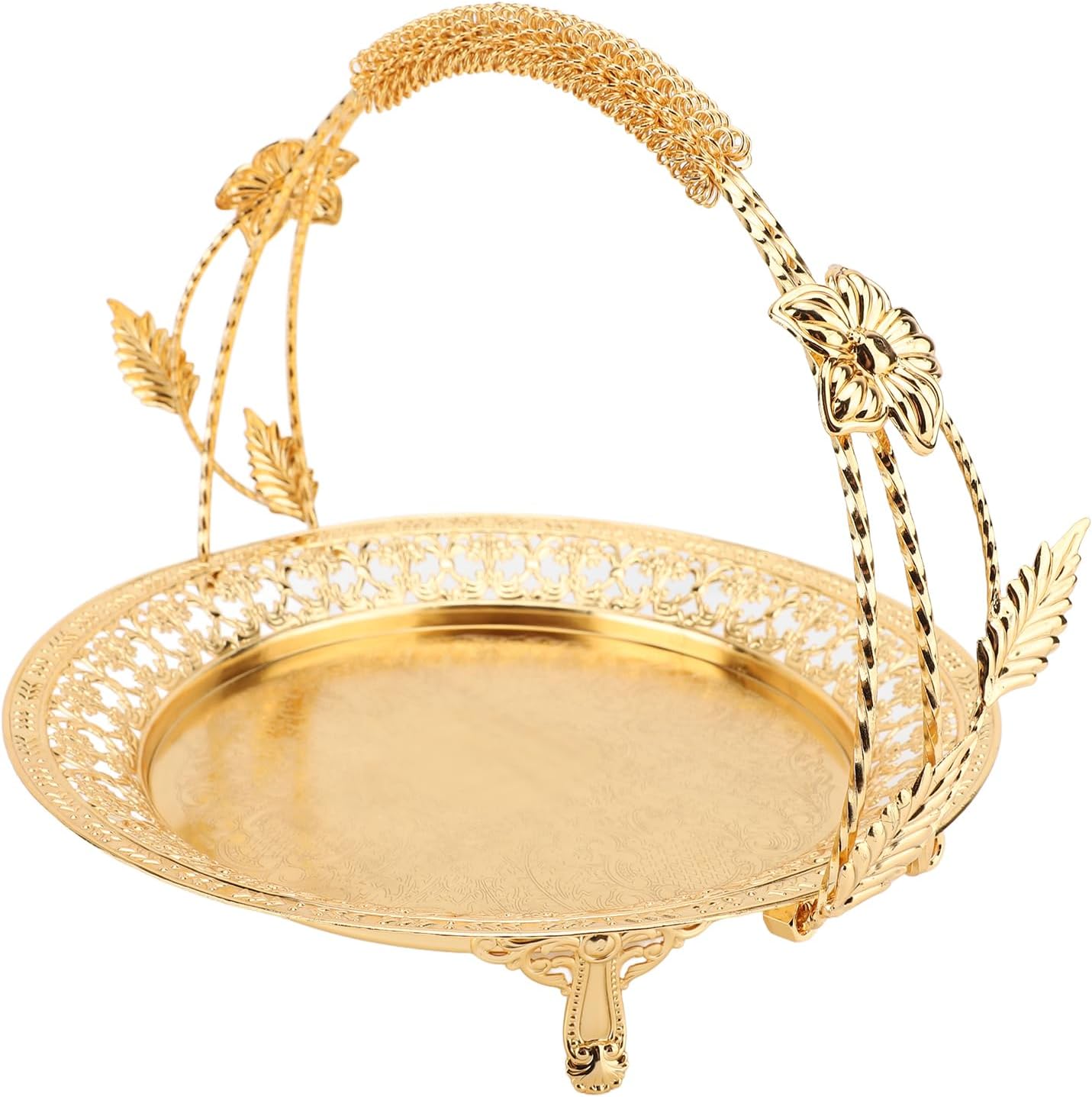 Metal Tea Serving Platter, Retro Fruit Tray European Style with Handle for Food Coffee, Round Dinner Plate Delicate Design