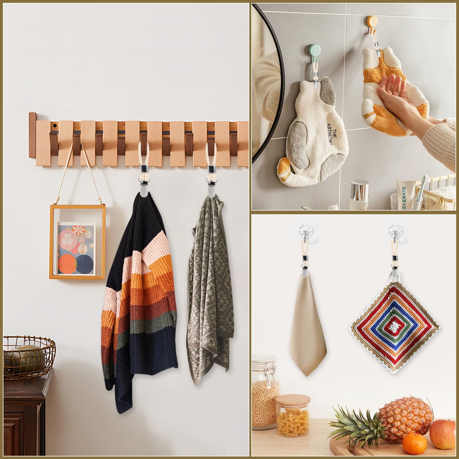 Ganci A Clip Per Strofinacci - Set 8 Pezzi, Cotone E Ferro, Per Cucina E Bagno, Beige - Foto 6