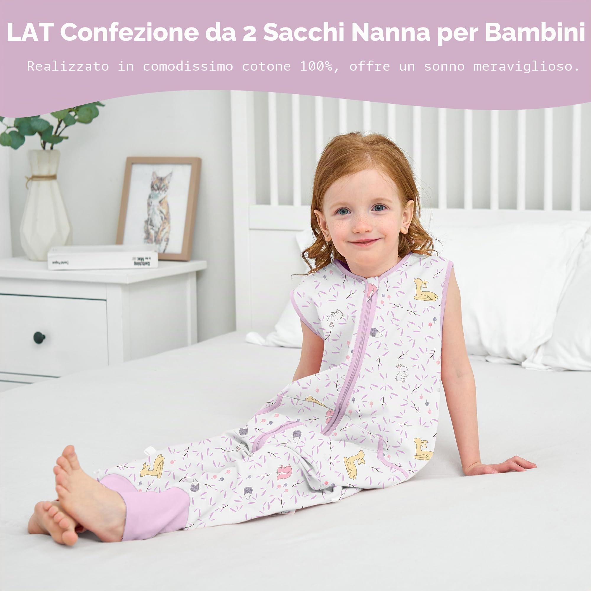 LAT Sacco Nanna Estivo per Bambini, 2 Pezzi Sacchi Nanna con Piedini 0.5 TOG, 100% Cotone Sacco Nanna, Sacco a Pelo Estivo con Tasche per Bambini